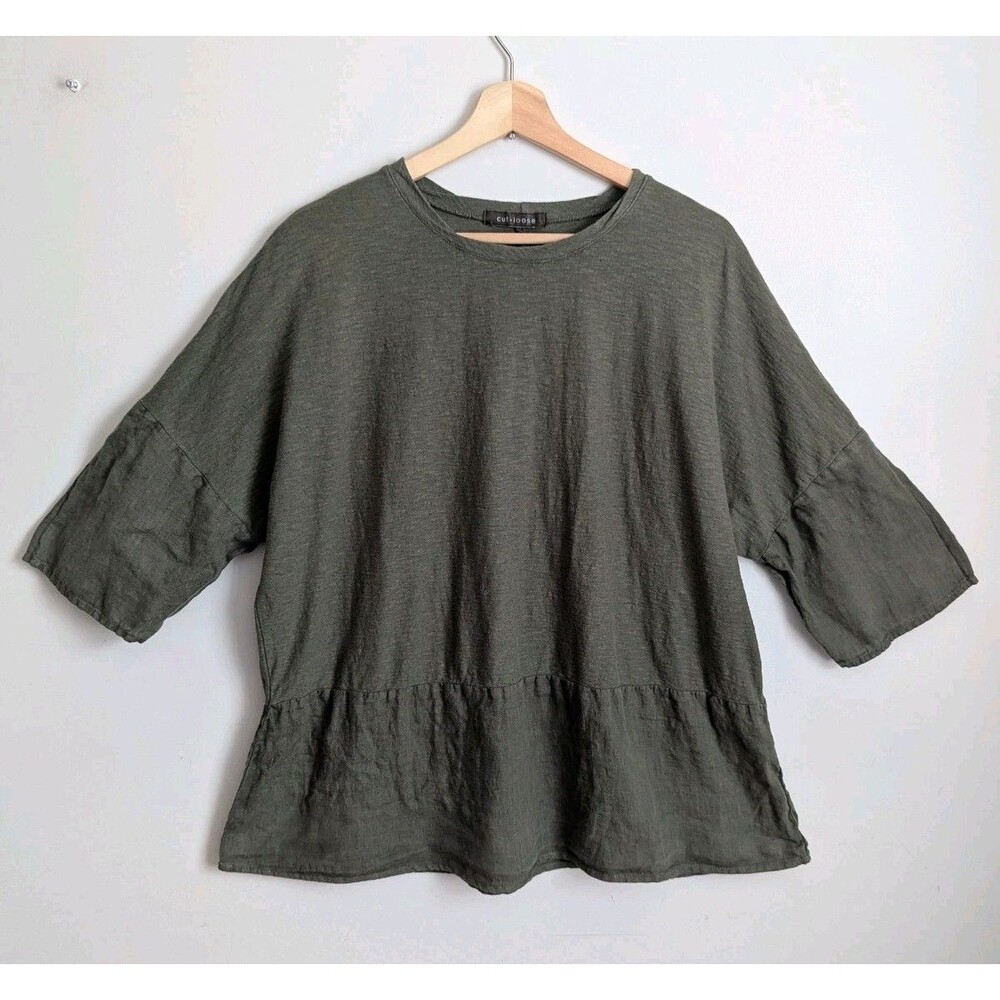 CUT LOOSE Linen Cotton Top Olive Green One Size Boxy Peplum Relaxed Lagenlook OS